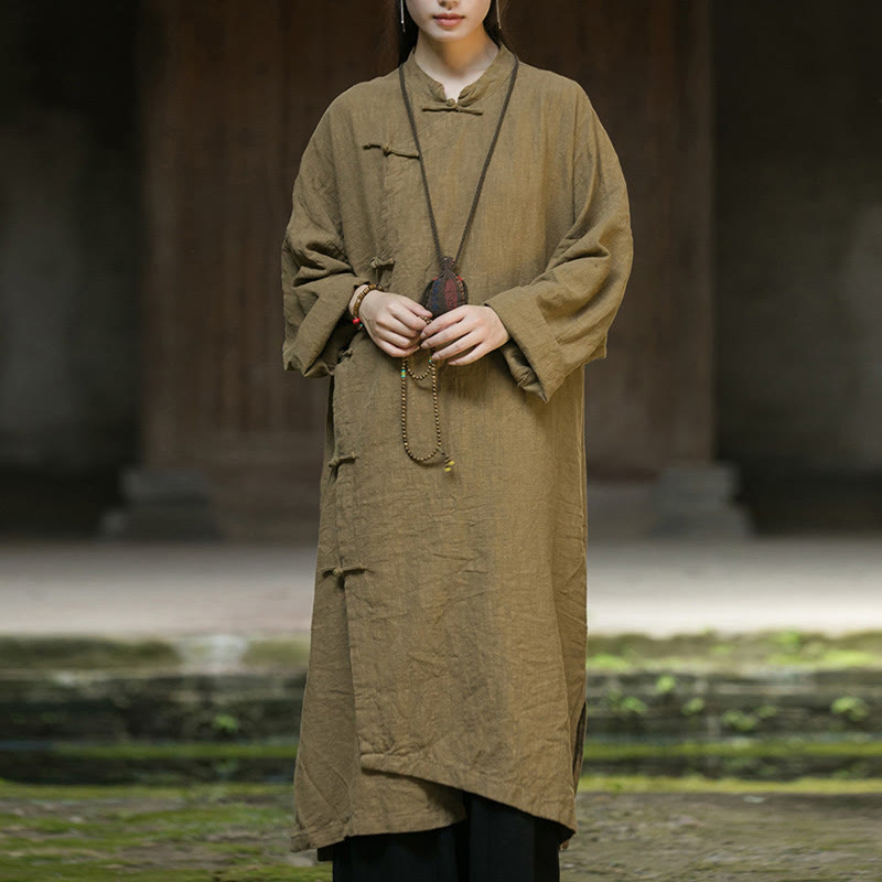 Abito midi in cotone e lino ramiè con tasche, maniche lunghe, bottoni a rana, tinta unita, Buddha Stones - Oliva - US4， UK/AU8，EU36-44 (F) - image 0