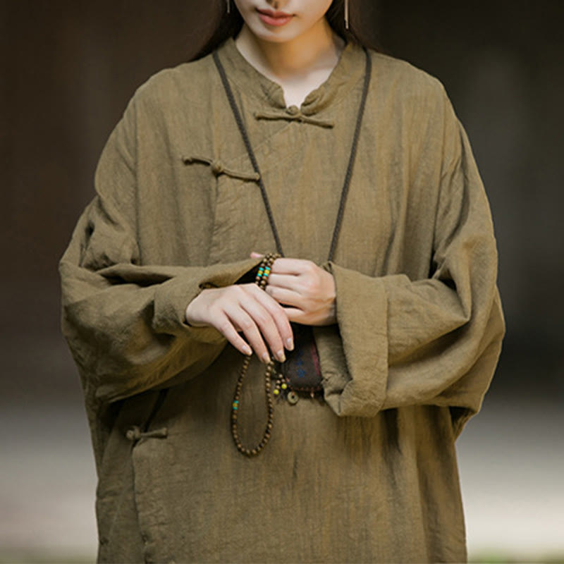 Abito midi in cotone e lino ramiè con tasche, maniche lunghe, bottoni a rana, tinta unita, Buddha Stones - image 13