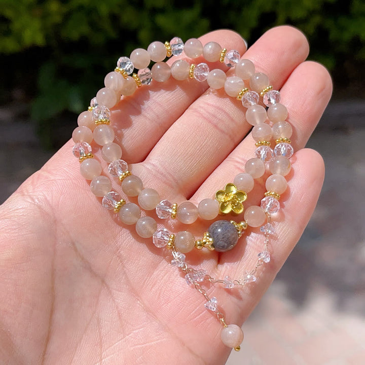 Braccialetto doppio giro Buddha Stones Sun Stone Crystal Peach Blossom Wealth
