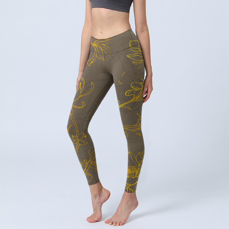 Leggings da palestra con stampa di foglie di loto e fiori di loto color marrone giallastro Buddha Stones Pantaloni da yoga da donna - DarkGoldenrod - US18, UK/AU22, EU50 (4XL) - image 1