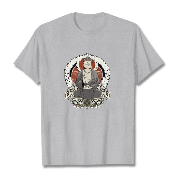 Maglietta con Buddha Stones Mediting Buddha seduto con motivo di loto - Grigio chiaro - 2XL - image 20