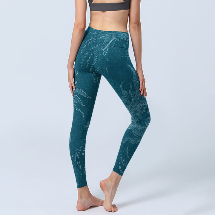 Leggings da palestra con stampa Buddha Stones Blue Koi Fish Flowing Waves, pantaloni da yoga da donna - image 4