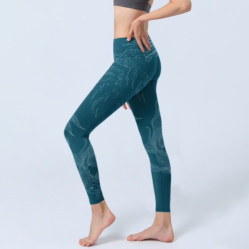 Leggings da palestra con stampa Buddha Stones Blue Koi Fish Flowing Waves, pantaloni da yoga da donna - image 3