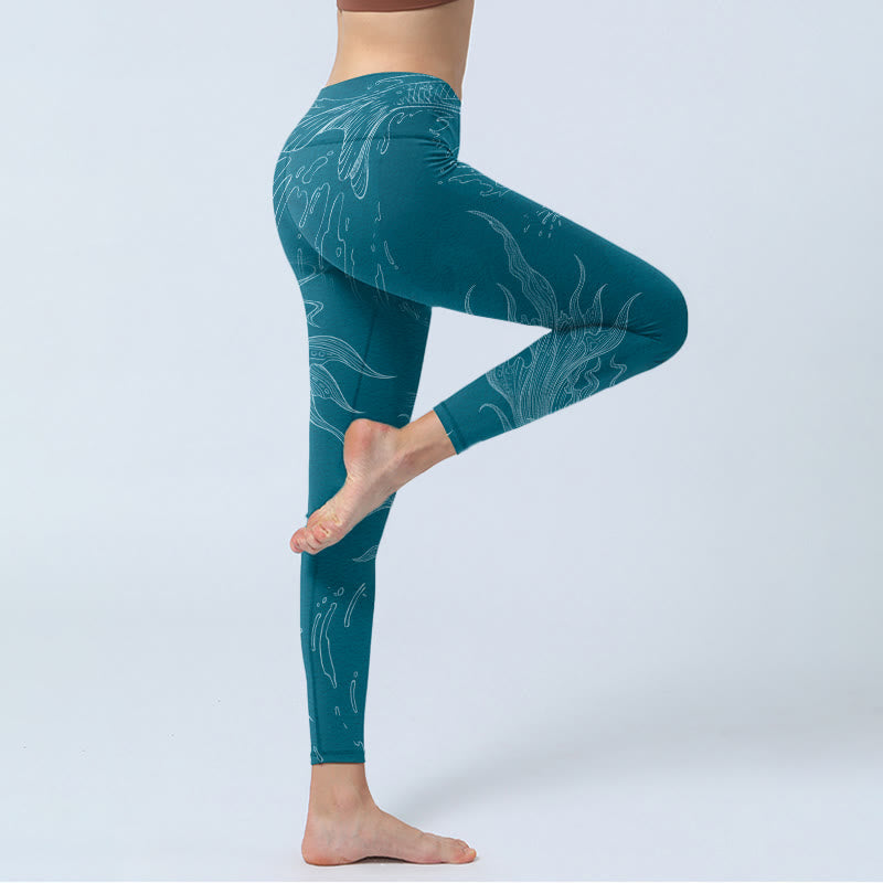 Leggings da palestra con stampa Buddha Stones Blue Koi Fish Flowing Waves, pantaloni da yoga da donna - image 4