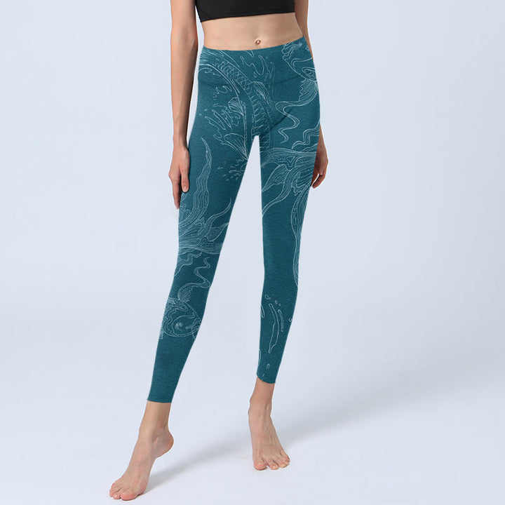 Leggings da palestra con stampa Buddha Stones Blue Koi Fish Flowing Waves, pantaloni da yoga da donna - image 6