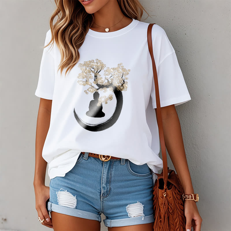 Maglietta in cotone con Buddha Stones Buddha seduto sotto l'albero