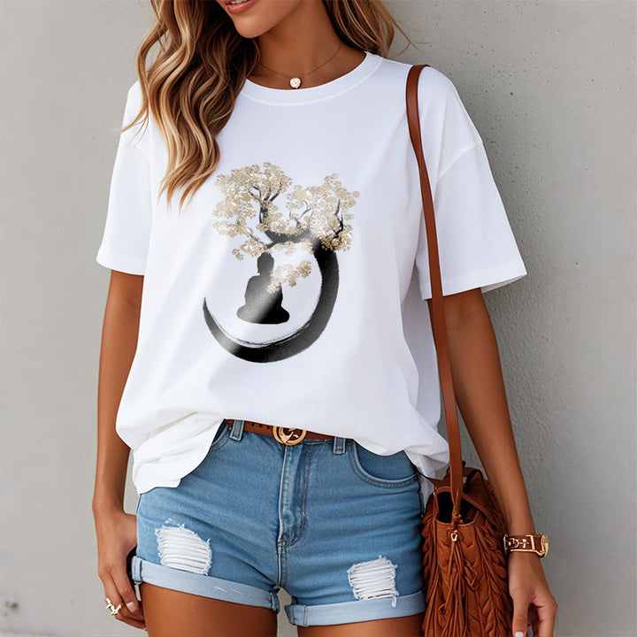 Maglietta in cotone con Buddha Stones Buddha seduto sotto l'albero