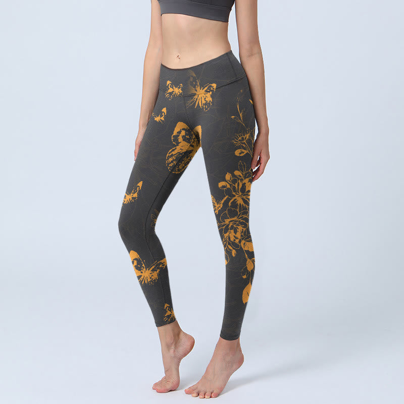 Leggings da palestra con stampa di fiori di peonia e farfalle grigio scuro Buddha Stones, pantaloni da yoga da donna - Grigio ardesia scuro - US18, UK/AU22, EU50 (4XL) - image 1