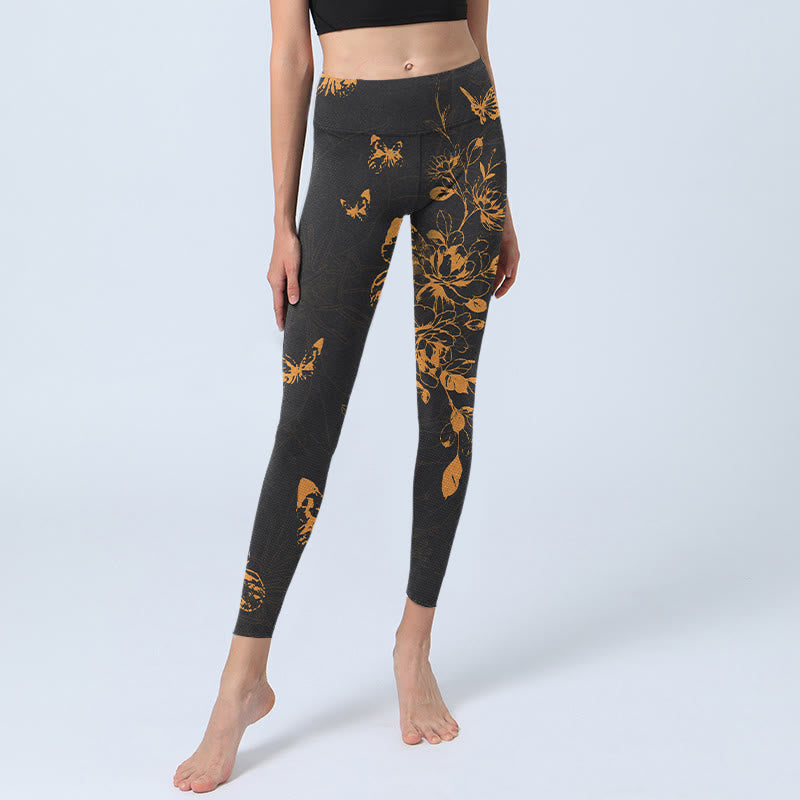 Leggings da palestra con stampa di fiori di peonia e farfalle grigio scuro Buddha Stones, pantaloni da yoga da donna - image 6