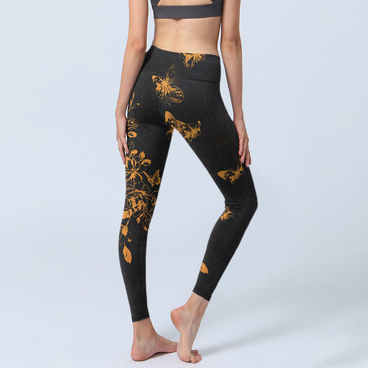 Leggings da palestra con stampa di fiori di peonia e farfalle grigio scuro Buddha Stones, pantaloni da yoga da donna - image 4