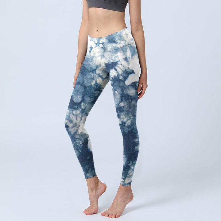 Leggings da palestra con stampa acquerello, motivo Buddha Stones Blue Lily Flowers, pantaloni da yoga da donna - SteelBlue - US18, UK/AU22, EU50 (4XL) - image 1