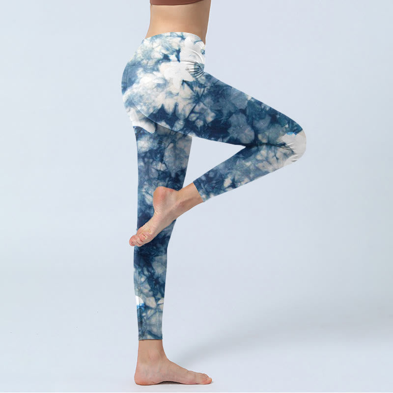 Leggings da palestra con stampa acquerello, motivo Buddha Stones Blue Lily Flowers, pantaloni da yoga da donna - image 3