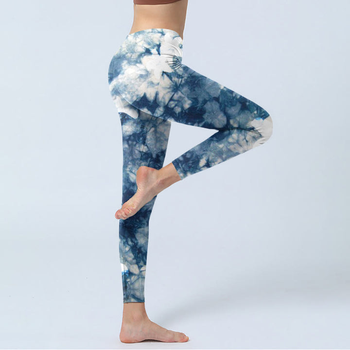 Leggings da palestra con stampa acquerello, motivo Buddha Stones Blue Lily Flowers, pantaloni da yoga da donna - image 4