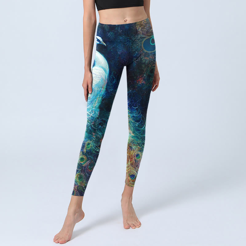 Leggings da palestra con stampa di piume colorate e pavone blu Buddha Stones, pantaloni da yoga da donna - image 5