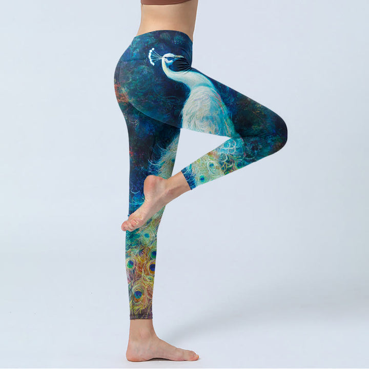 Leggings da palestra con stampa di piume colorate e pavone blu Buddha Stones, pantaloni da yoga da donna - image 3