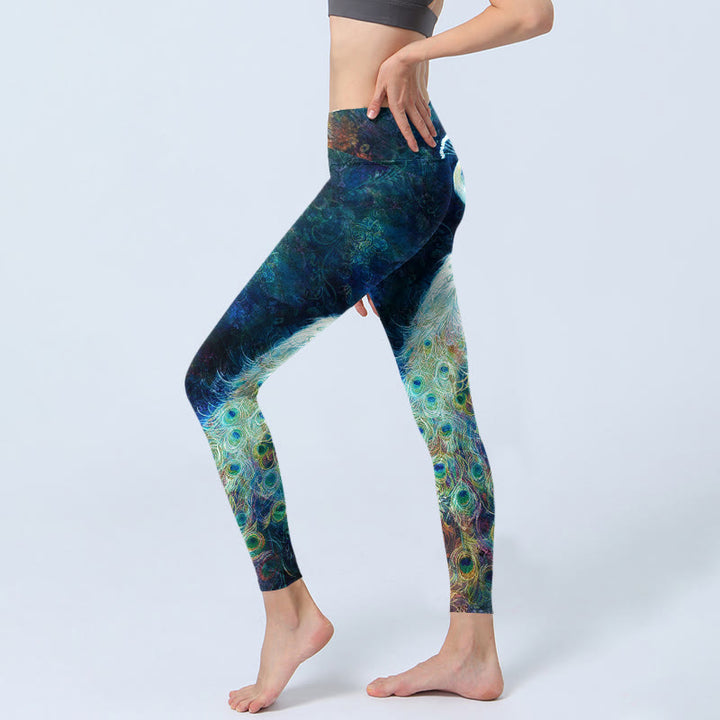 Leggings da palestra con stampa di piume colorate e pavone blu Buddha Stones, pantaloni da yoga da donna - image 2