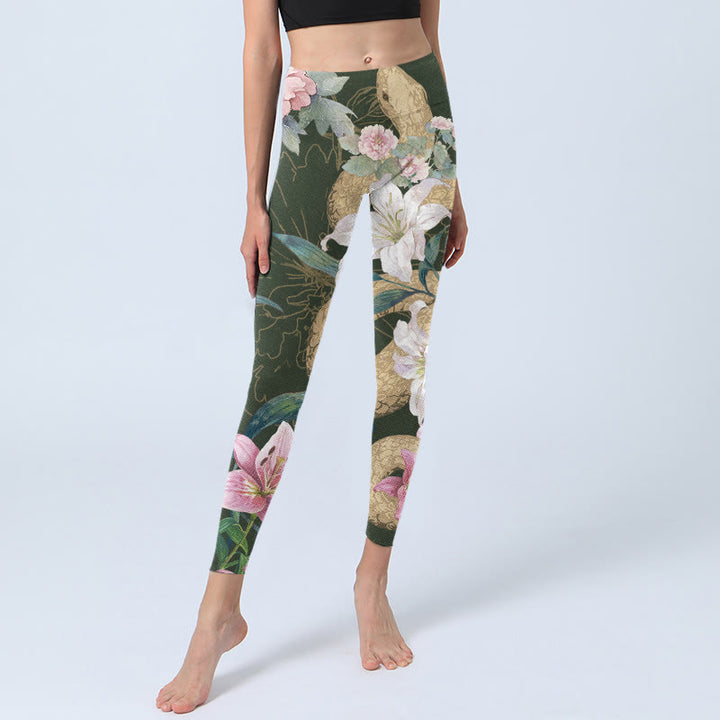 Leggings da palestra con stampa Buddha Stones Green Golden Snake Lily Peony Flowers Pantaloni da yoga da donna - image 5