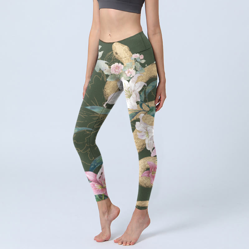 Leggings da palestra con stampa Buddha Stones Green Golden Snake Lily Peony Flowers Pantaloni da yoga da donna - Verde oliva scuro - US18, UK/AU22, EU50 (4XL) - image 1