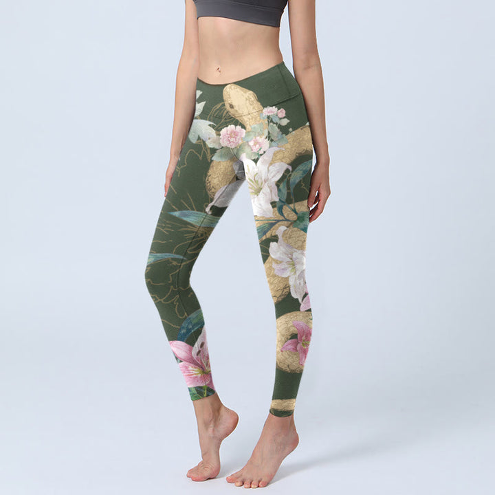 Leggings da palestra con stampa Buddha Stones Green Golden Snake Lily Peony Flowers Pantaloni da yoga da donna - Verde oliva scuro - US18, UK/AU22, EU50 (4XL) - image 1