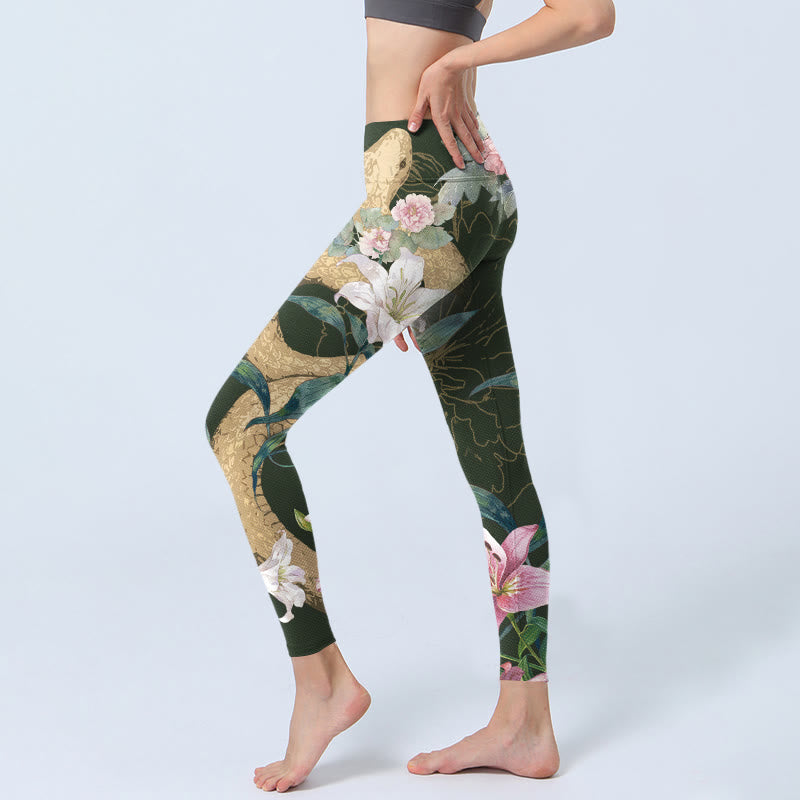 Leggings da palestra con stampa Buddha Stones Green Golden Snake Lily Peony Flowers Pantaloni da yoga da donna - image 3