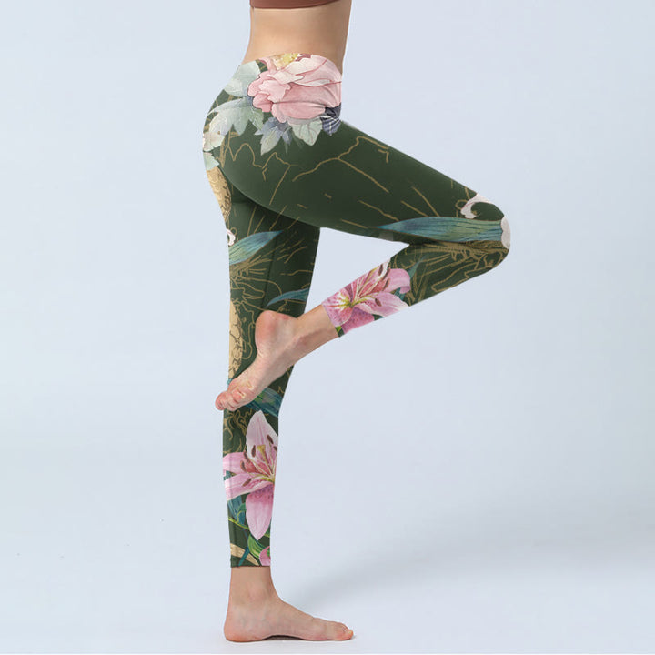 Leggings da palestra con stampa Buddha Stones Green Golden Snake Lily Peony Flowers Pantaloni da yoga da donna - image 3