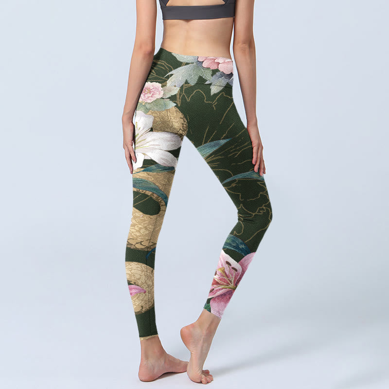 Leggings da palestra con stampa Buddha Stones Green Golden Snake Lily Peony Flowers Pantaloni da yoga da donna - image 4