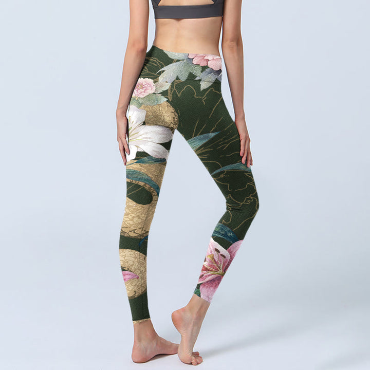 Leggings da palestra con stampa Buddha Stones Green Golden Snake Lily Peony Flowers Pantaloni da yoga da donna - image 4
