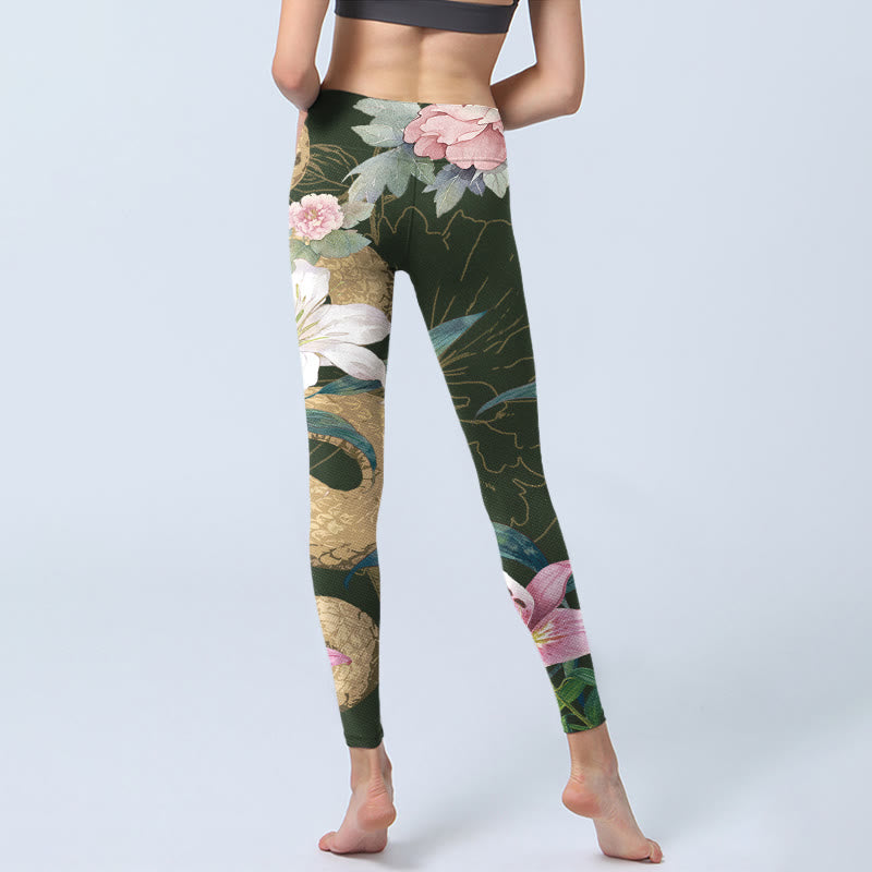 Leggings da palestra con stampa Buddha Stones Green Golden Snake Lily Peony Flowers Pantaloni da yoga da donna - image 7