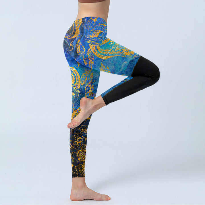 Leggings da palestra con stampa di foglie di fiori di farfalla di serpente nero Buddha Stones, pantaloni da yoga da donna - image 4