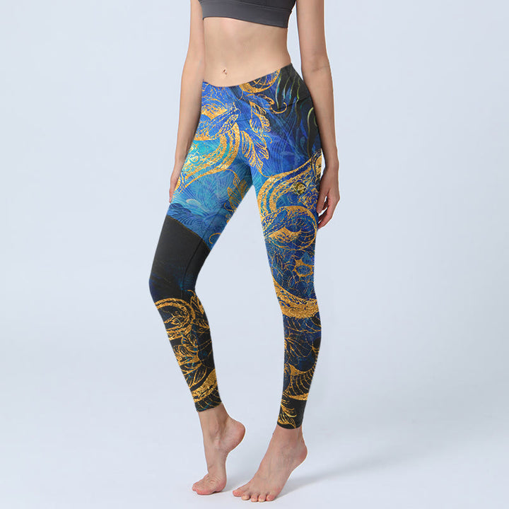 Leggings da palestra con stampa di foglie di fiori di farfalla di serpente nero Buddha Stones, pantaloni da yoga da donna - Nero - US18, UK/AU22, EU50 (4XL) - image 1