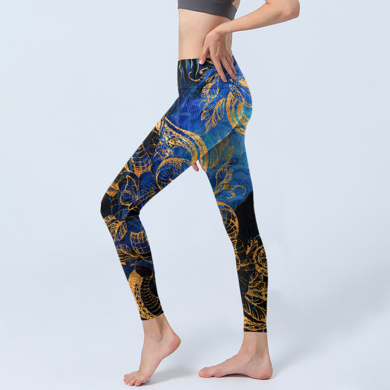 Leggings da palestra con stampa di foglie di fiori di farfalla di serpente nero Buddha Stones, pantaloni da yoga da donna - image 3
