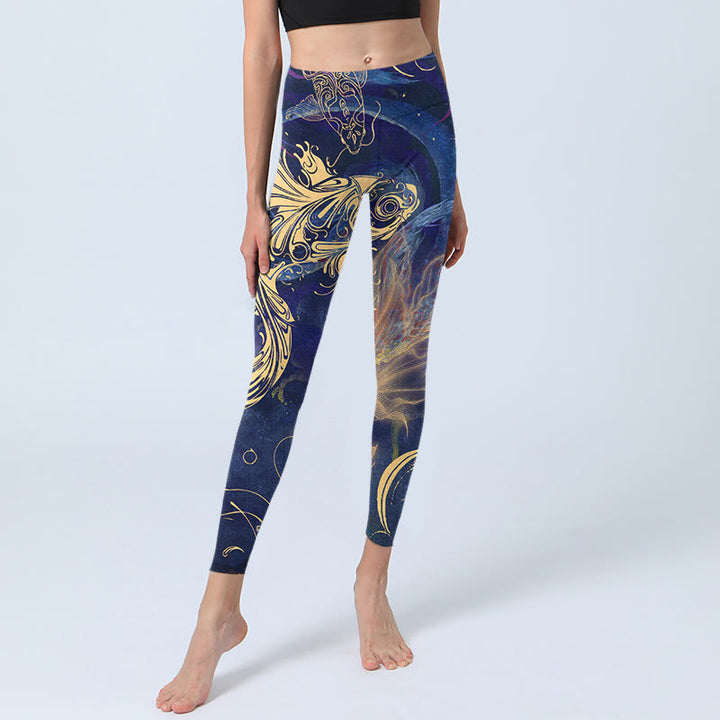 Leggings da palestra con stampa Buddha Stones Blue Koi Fish e nuvole di buon auspicio, pantaloni da yoga da donna - image 5