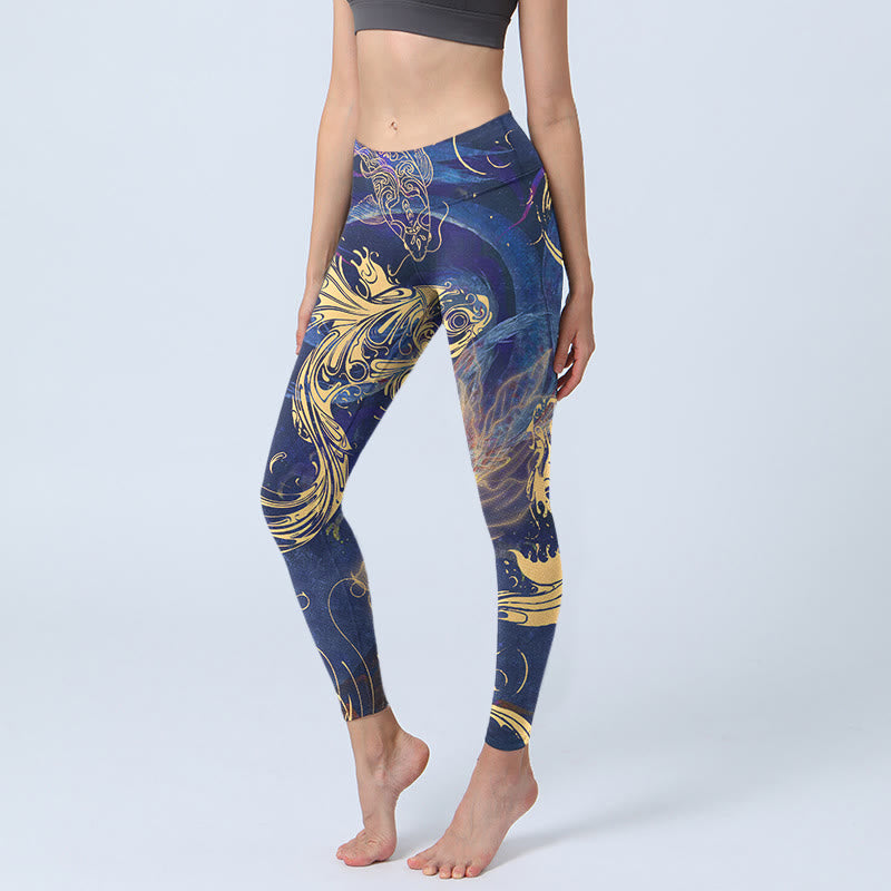 Leggings da palestra con stampa Buddha Stones Blue Koi Fish e nuvole di buon auspicio, pantaloni da yoga da donna - Blu medio - US18, UK/AU22, EU50 (4XL) - image 1