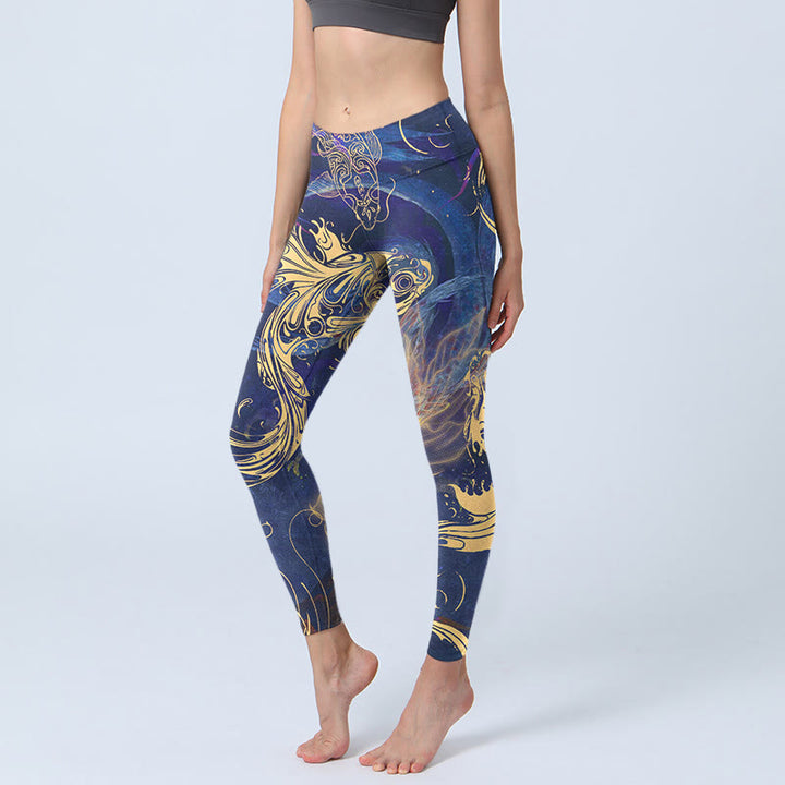 Leggings da palestra con stampa Buddha Stones Blue Koi Fish e nuvole di buon auspicio, pantaloni da yoga da donna - Blu medio - US18, UK/AU22, EU50 (4XL) - image 1