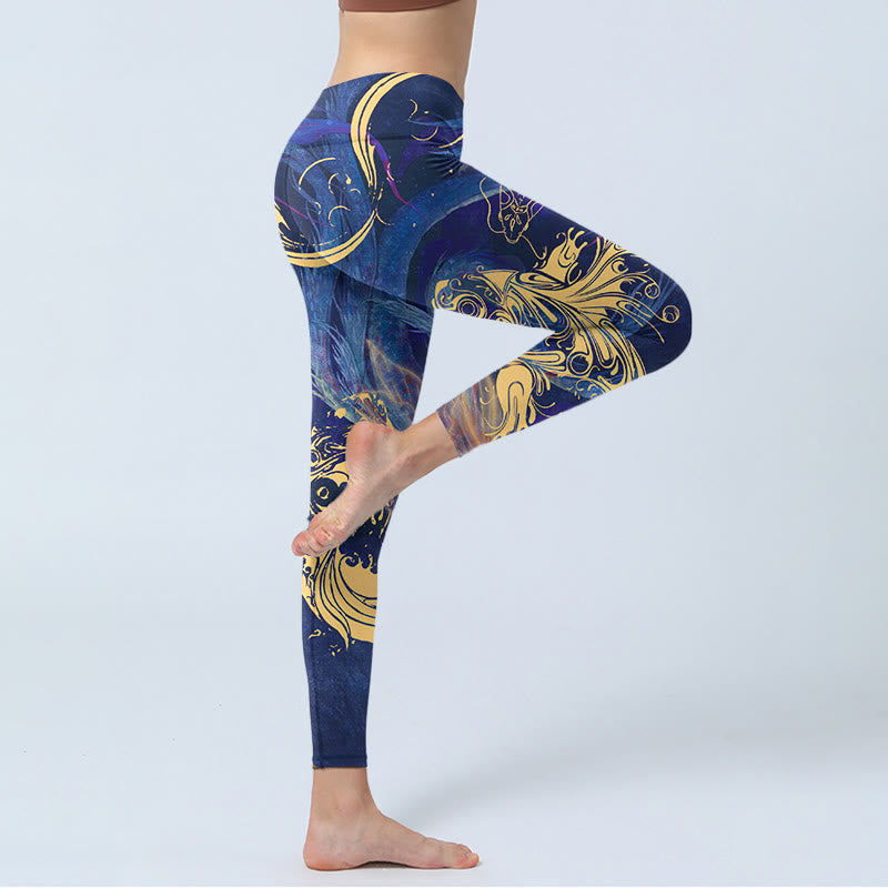 Leggings da palestra con stampa Buddha Stones Blue Koi Fish e nuvole di buon auspicio, pantaloni da yoga da donna - image 3