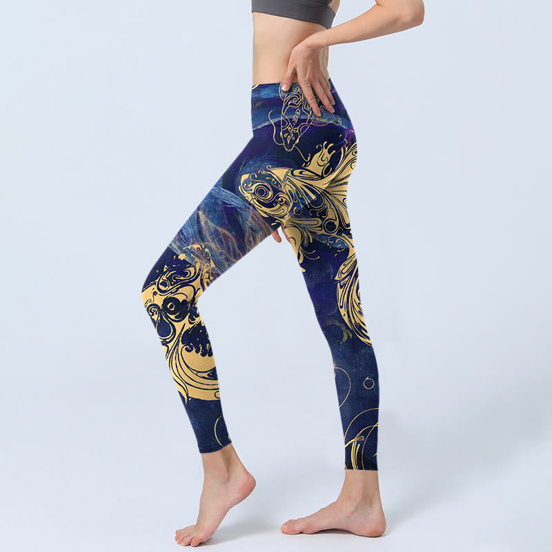 Leggings da palestra con stampa Buddha Stones Blue Koi Fish e nuvole di buon auspicio, pantaloni da yoga da donna - image 3