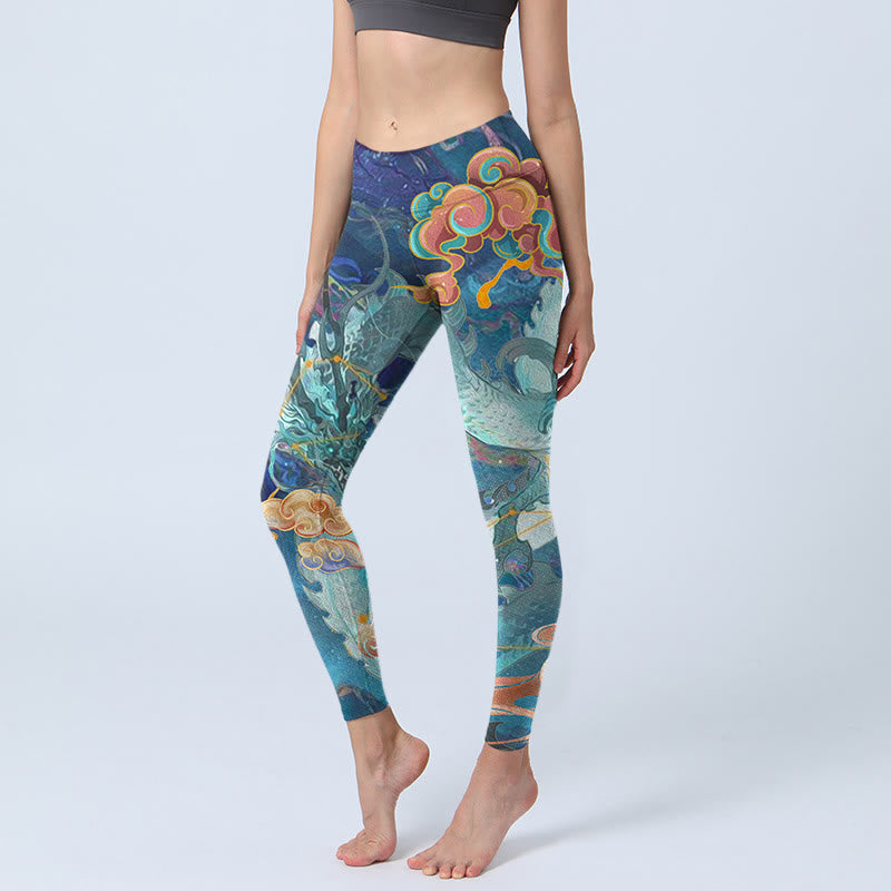Leggings da palestra con stampa Buddha Stones Blue Dragon e nuvole di buon auspicio, pantaloni da yoga da donna - SteelBlue - US18, UK/AU22, EU50 (4XL) - image 0