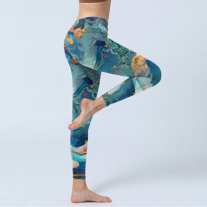 Leggings da palestra con stampa Buddha Stones Blue Dragon e nuvole di buon auspicio, pantaloni da yoga da donna - image 3