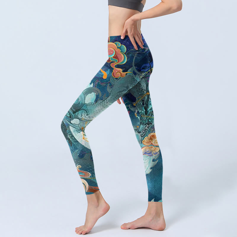 Leggings da palestra con stampa Buddha Stones Blue Dragon e nuvole di buon auspicio, pantaloni da yoga da donna - image 3