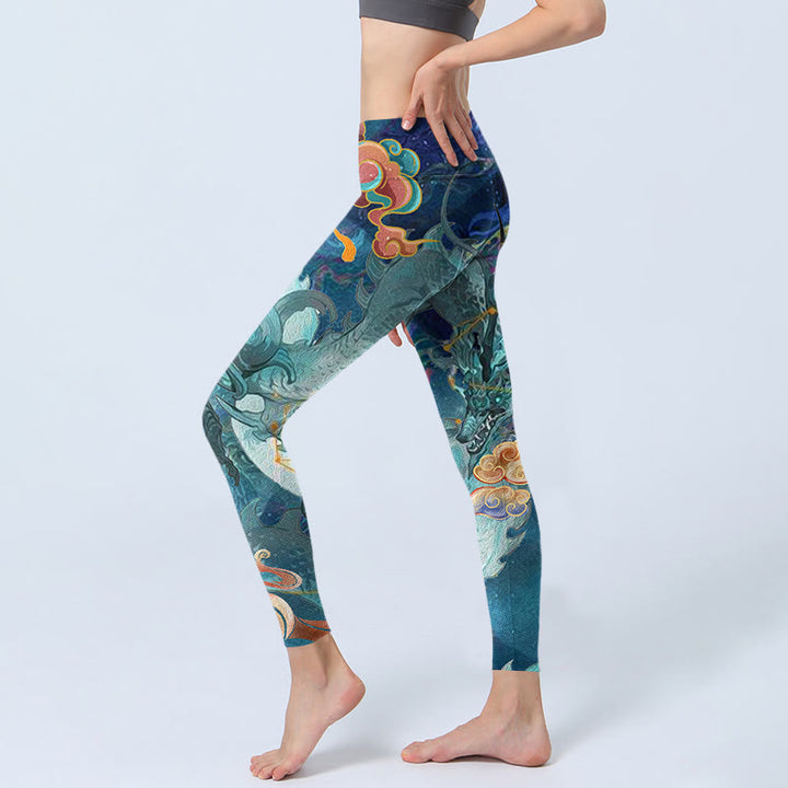 Leggings da palestra con stampa Buddha Stones Blue Dragon e nuvole di buon auspicio, pantaloni da yoga da donna - image 3