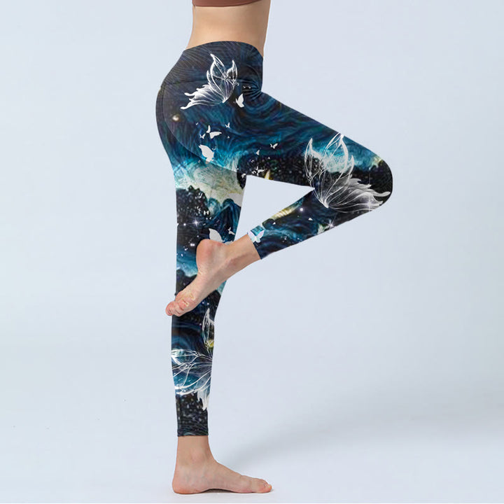 Leggings da palestra con stampa Buddha Stones Blue Butterfly Water Waves Moon Pantaloni da yoga da donna