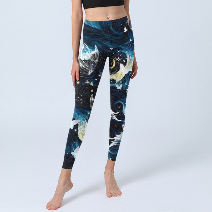 Leggings da palestra con stampa Buddha Stones Blue Butterfly Water Waves Moon Pantaloni da yoga da donna