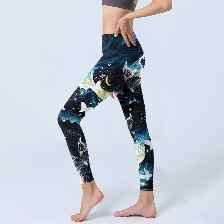 Leggings da palestra con stampa Buddha Stones Blue Butterfly Water Waves Moon Pantaloni da yoga da donna