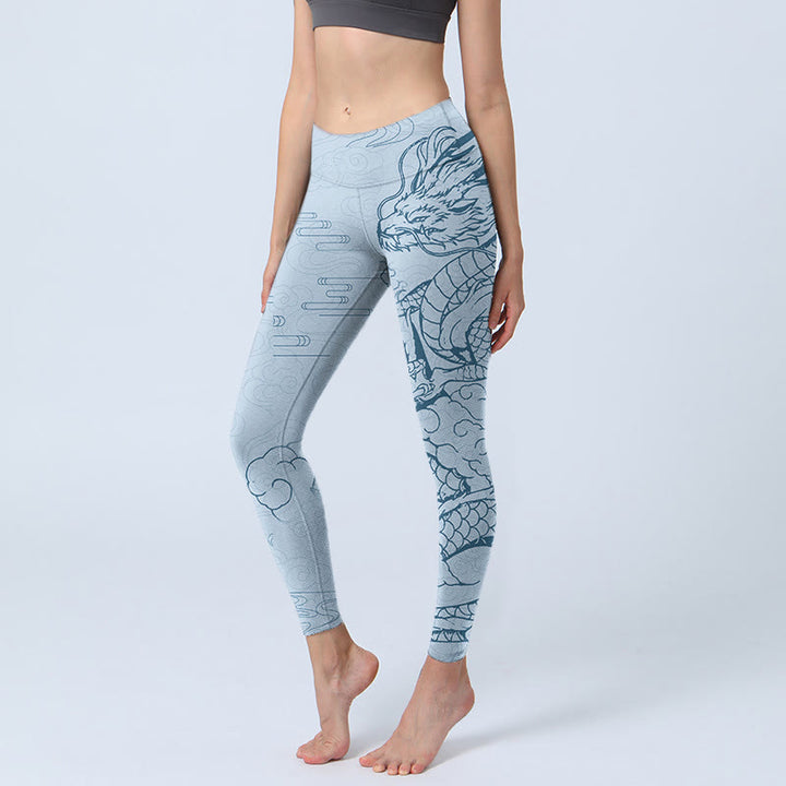 Leggings da palestra con stampa Buddha Stones Blue Soaring Dragon Swirling Clouds Pantaloni da yoga da donna - AzzurroCielo Chiaro - US18, UK/AU22, EU50 (4XL) - image 1