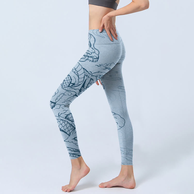 Leggings da palestra con stampa Buddha Stones Blue Soaring Dragon Swirling Clouds Pantaloni da yoga da donna - image 3
