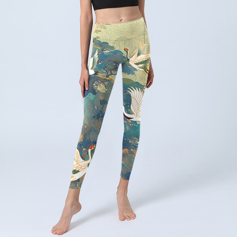 Leggings da palestra con stampa di albero di pino e gru coronata rossa Buddha Stones , pantaloni da yoga da donna - image 5