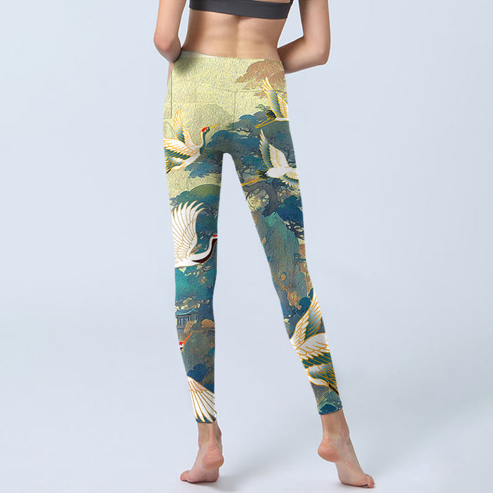 Leggings da palestra con stampa di albero di pino e gru coronata rossa Buddha Stones , pantaloni da yoga da donna - image 6