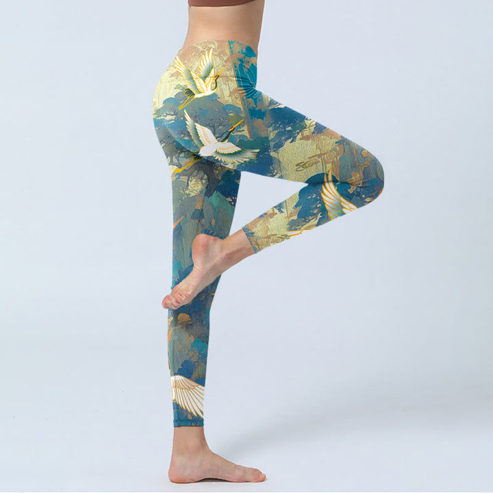 Leggings da palestra con stampa di albero di pino e gru coronata rossa Buddha Stones , pantaloni da yoga da donna - image 4