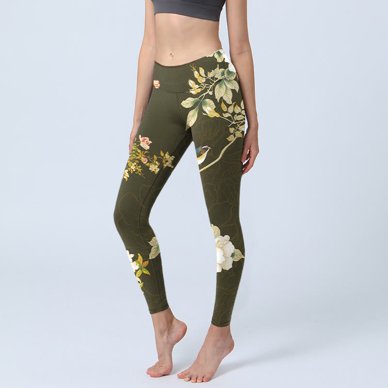 Leggings da palestra con stampa di fiori di magnolia nera Buddha Stones Pantaloni da yoga da donna - Nero - US18, UK/AU22, EU50 (4XL) - image 1