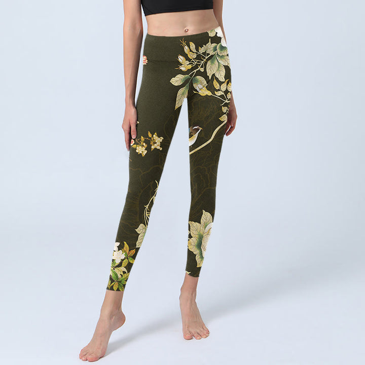 Leggings da palestra con stampa di fiori di magnolia nera Buddha Stones Pantaloni da yoga da donna - image 6